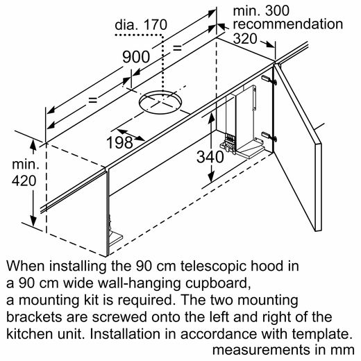 Bosch DFS097A51B Telescopic Cooker Hood Silver - Dimensions